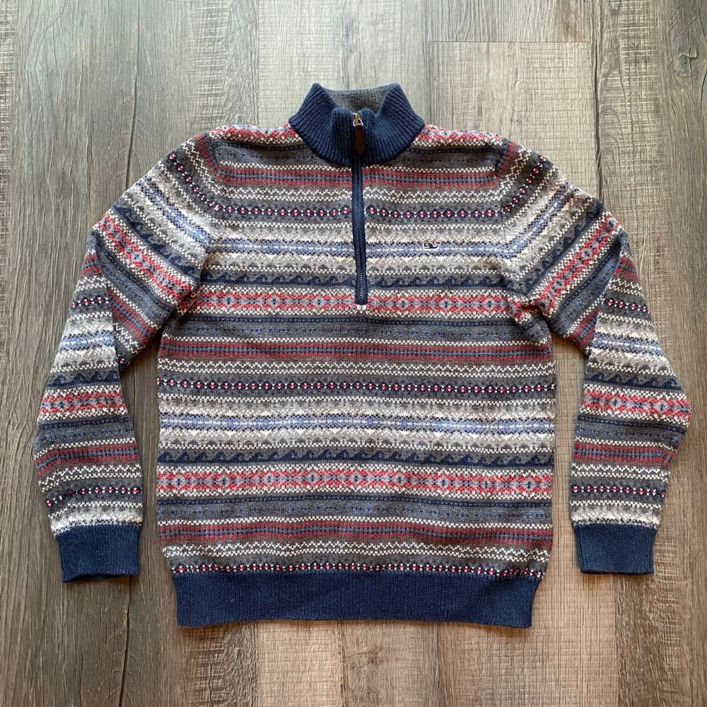 Vineyard Vines BOY Youth Blue Fair Isle Quarter Zip Sweater
